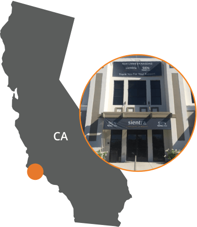 carte de la Californie avec image superposée du bâtiment du siège social de Sientra