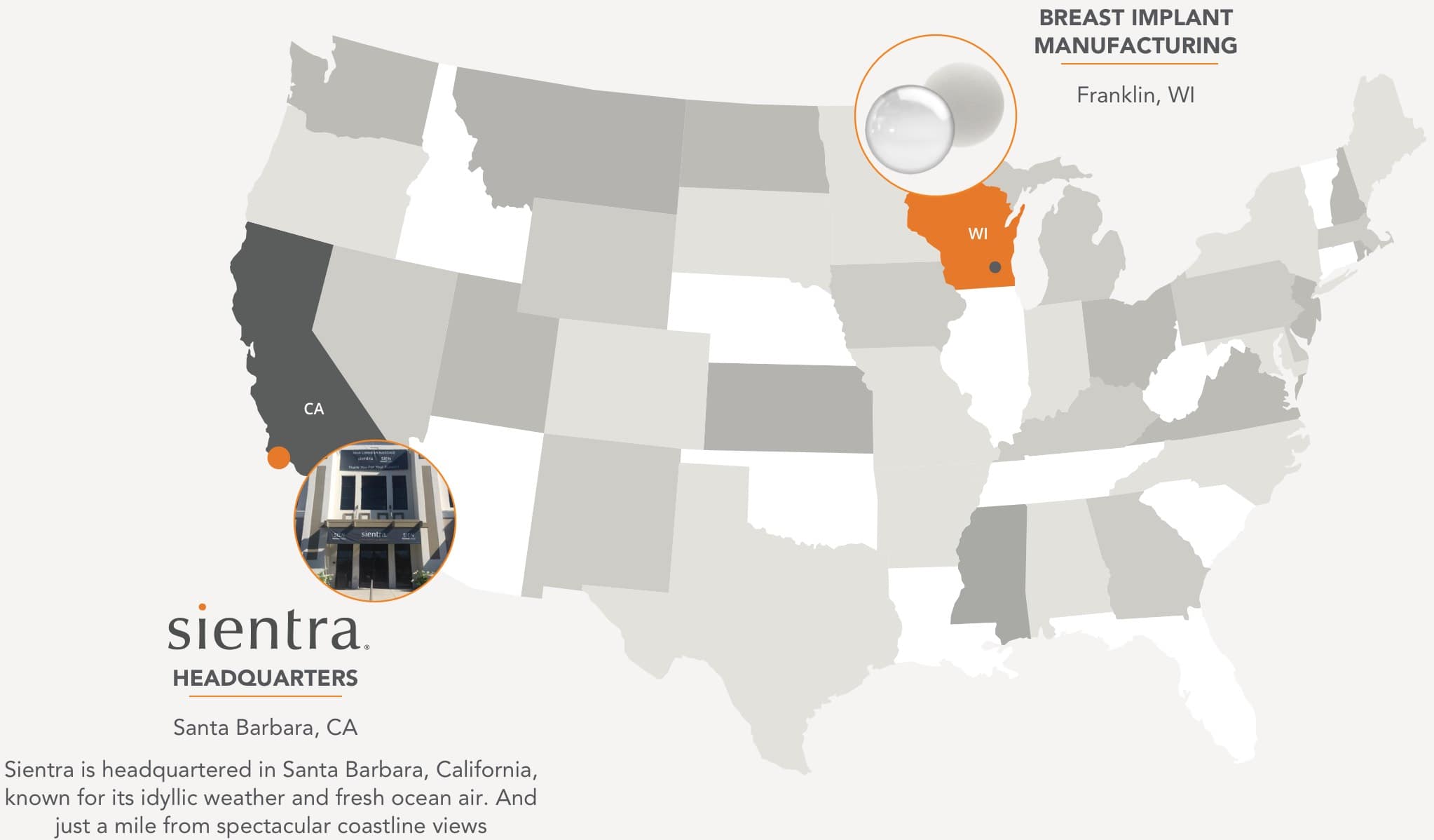 Breast Tissue Expander Manufacturing in Victor, Montana. Sientra Breast Implant Manufacturing in Franklin, Wisconsin. Sientra is headquartered in Santa Barbara, California, known for its idyllic weather and fresh ocean air. And just a mile from spectacular coastline views.